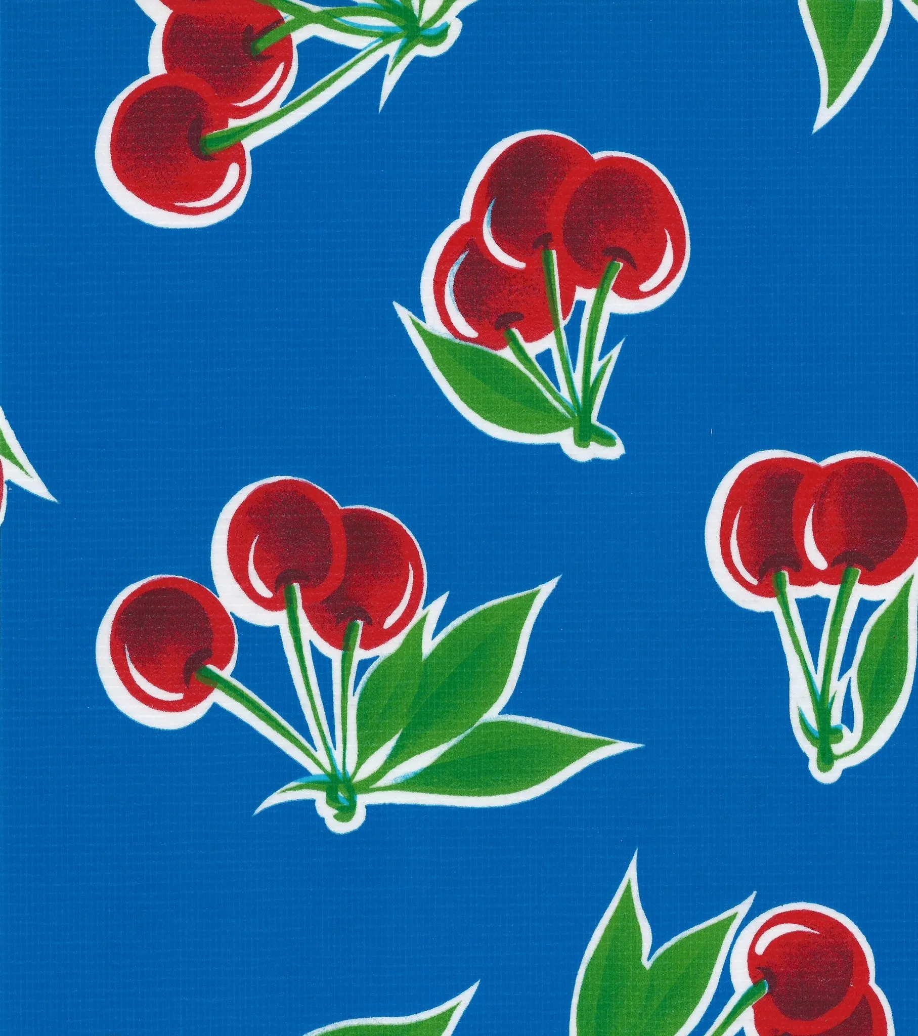 Cherry Blue Oilcloth Tablecloths with Solid Red Trim