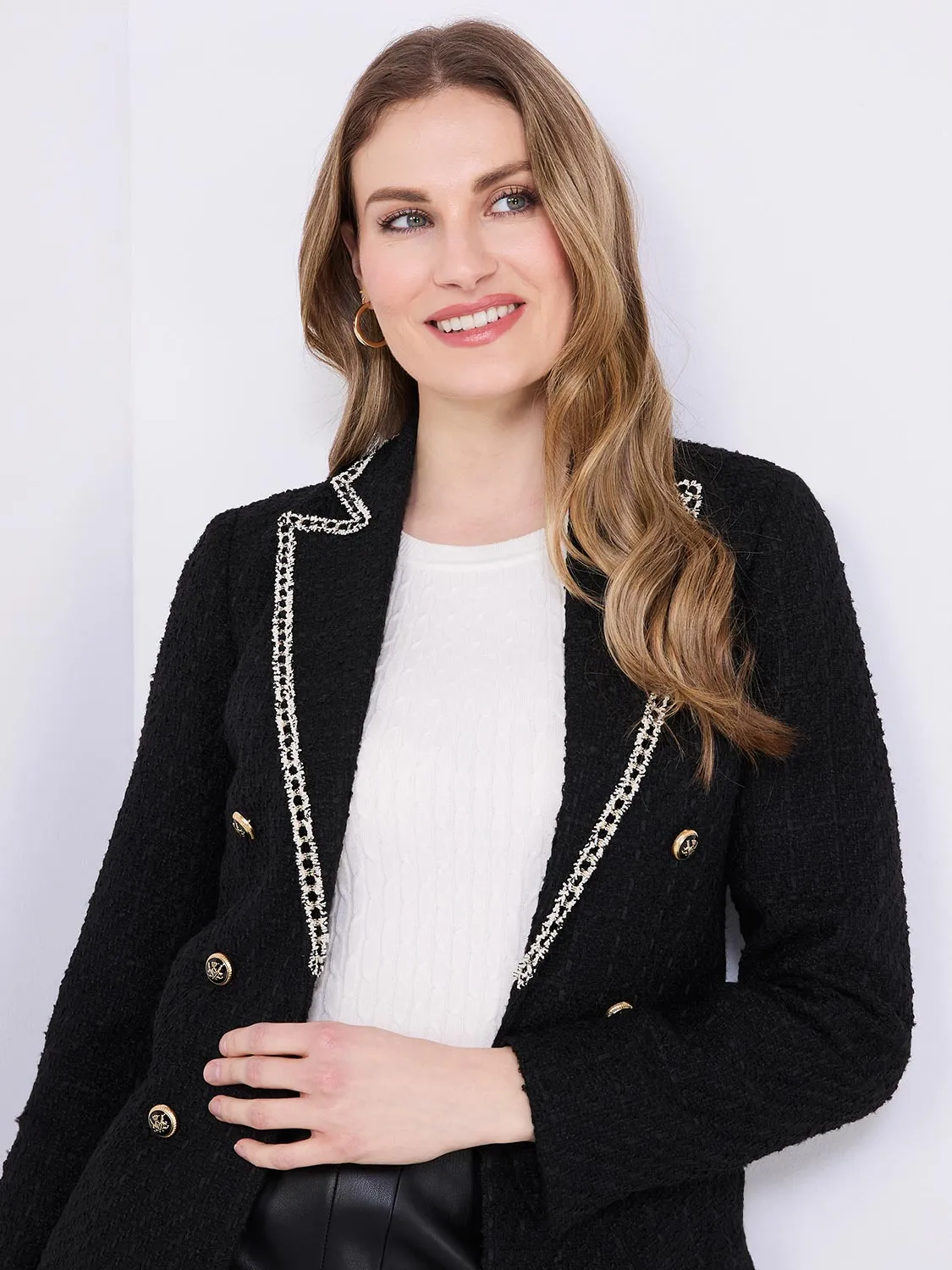 Contrast Trim Faux Double-Breasted Boucle Blazer