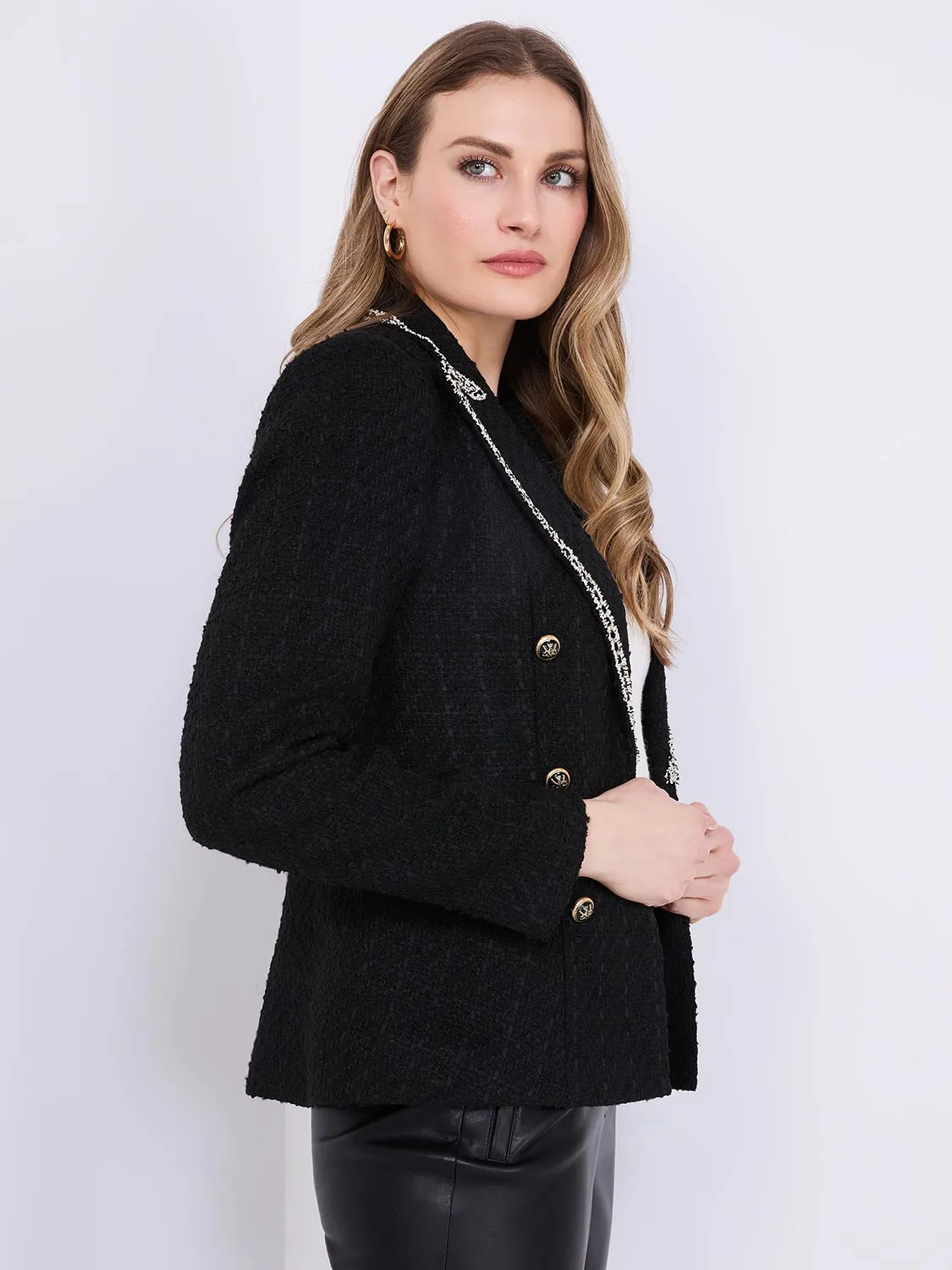 Contrast Trim Faux Double-Breasted Boucle Blazer