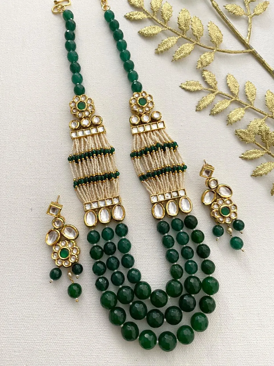 Designer Green Beads Necklace With kundan For Ladies By Gehna Shop