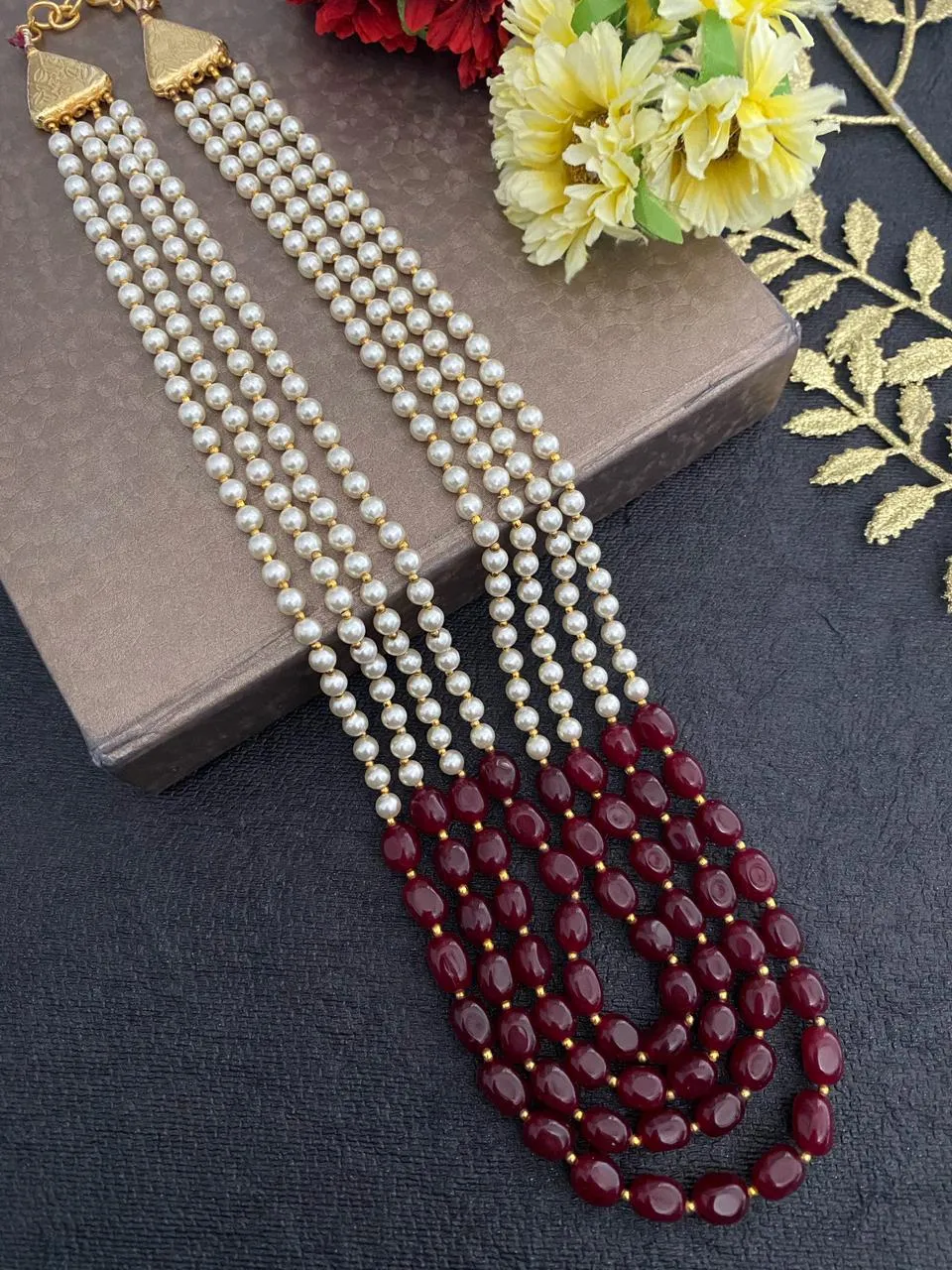 Designer Multi Layered Beaded Red Jade And Pearls Necklace Mala For Grooms By Gehna Shop