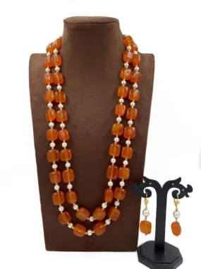 Designer Semi Precious Double Strand Orange Color Jade Beads Necklace Set