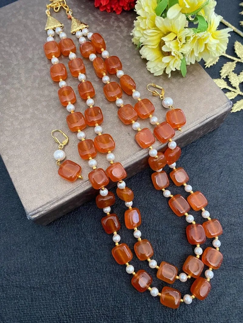 Designer Semi Precious Double Strand Orange Color Jade Beads Necklace Set