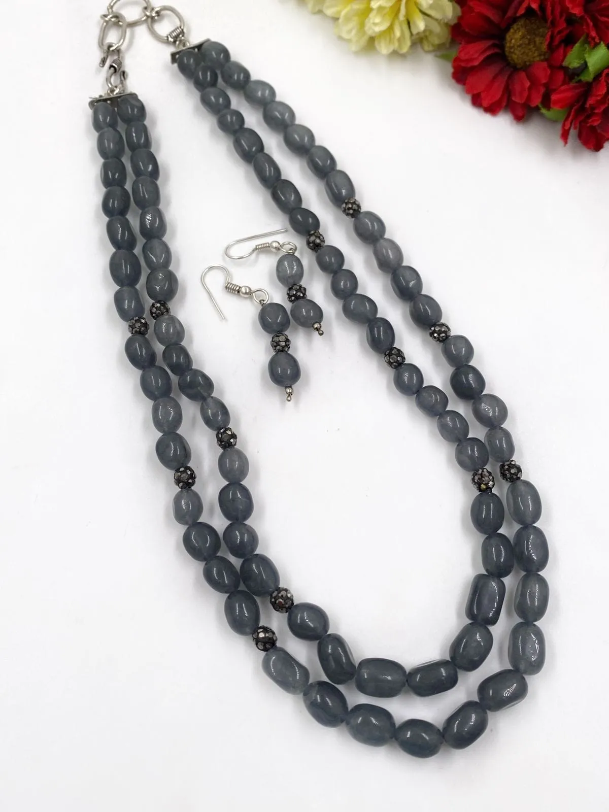 Designer Semi Precious Grey Jade Beads Layered Necklace By Gehna Shop