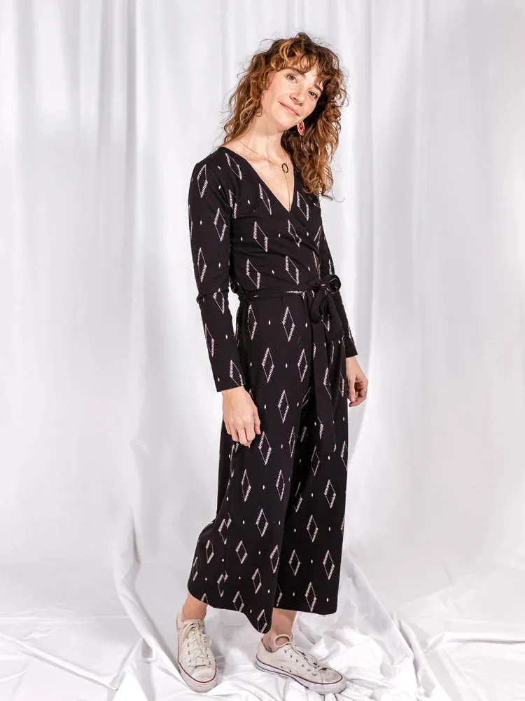 Diamond Vine Long Sleeve Rita Jumpsuit in Black by Mata Traders