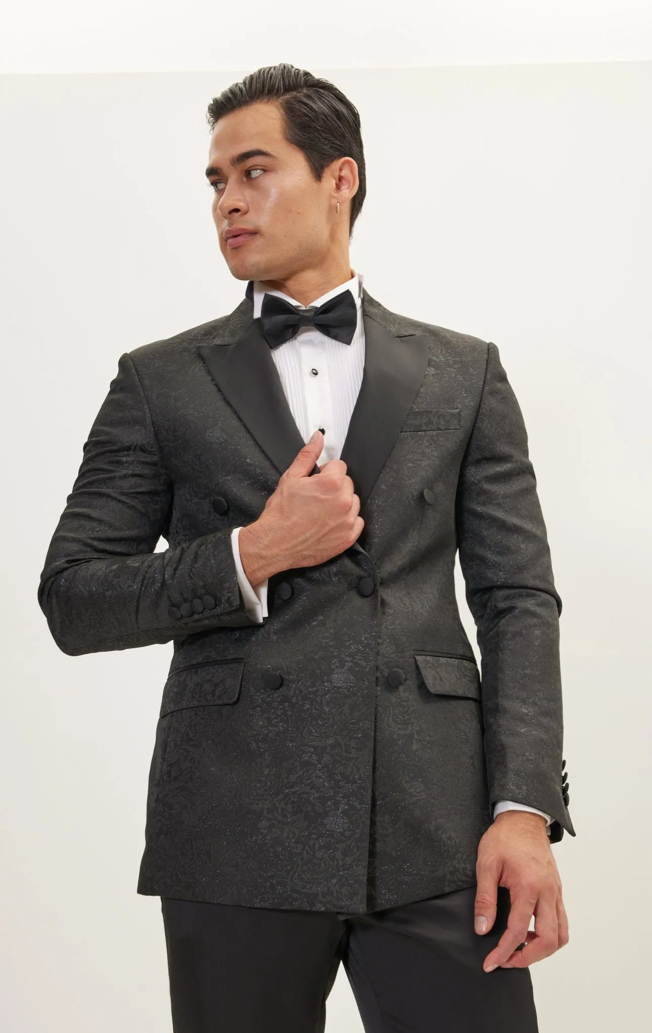 Double Breasted Metallic Floral Embroidery Peak Lapel Tuxedo Jacket - Black