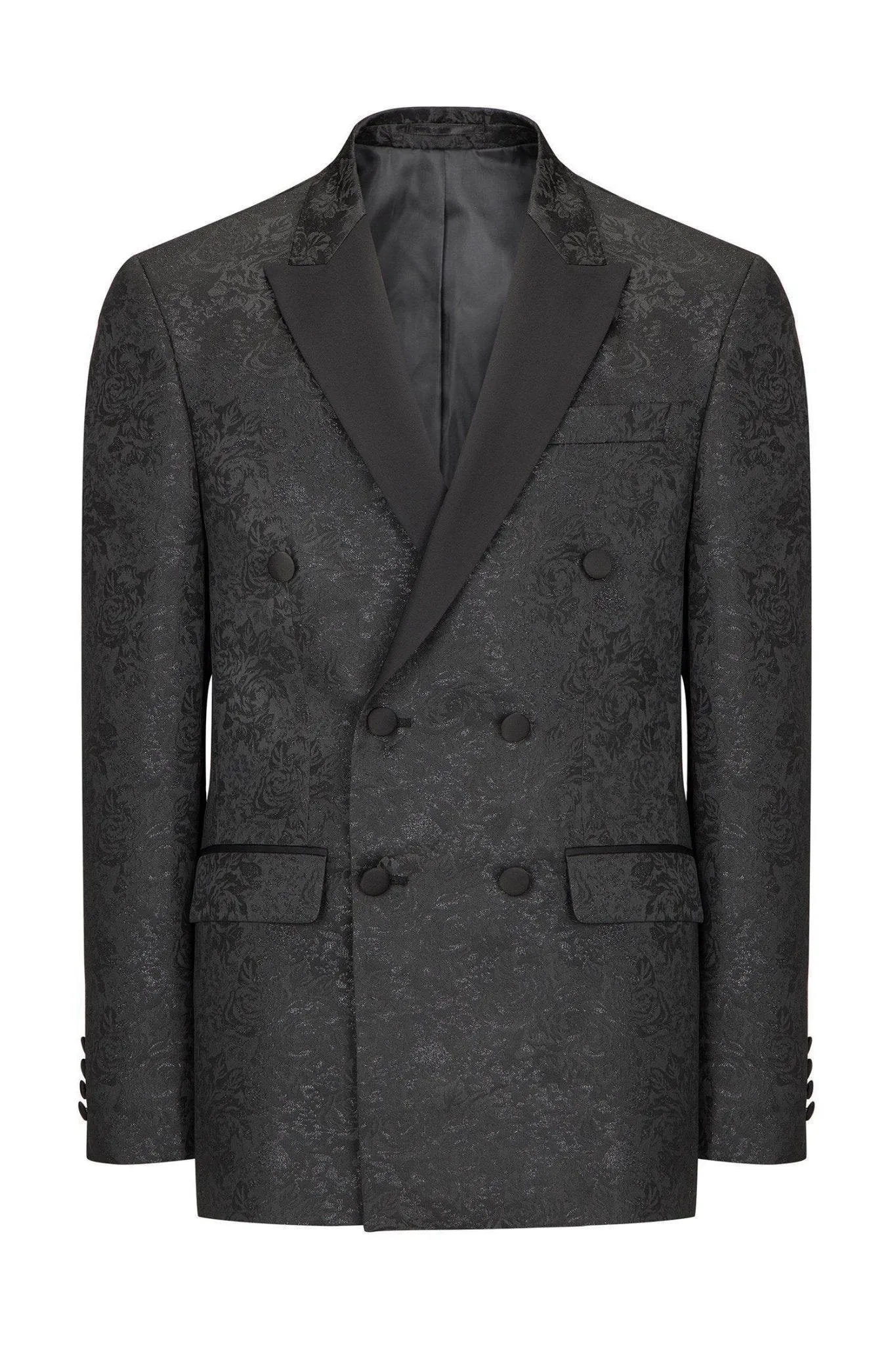 Double Breasted Metallic Floral Embroidery Peak Lapel Tuxedo Jacket - Black