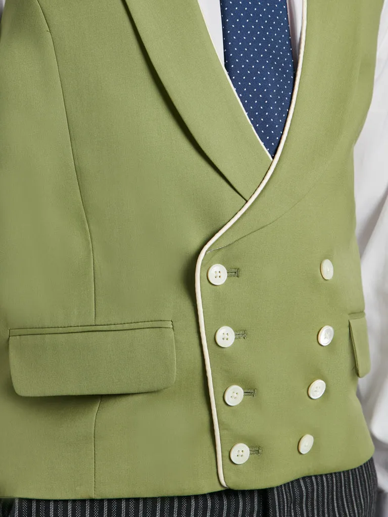 Double Breasted Wool Vest With Piping - Green