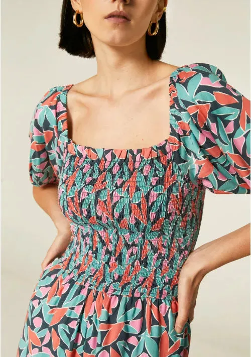 Floral Bird of Paradise Print Smocked Playsuit