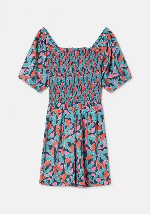 Floral Bird of Paradise Print Smocked Playsuit