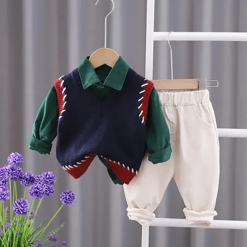 Gentleman Style Kids Sweater Vest Tracksuit Set with Striped T-shirt and Pants - Autumn Collection