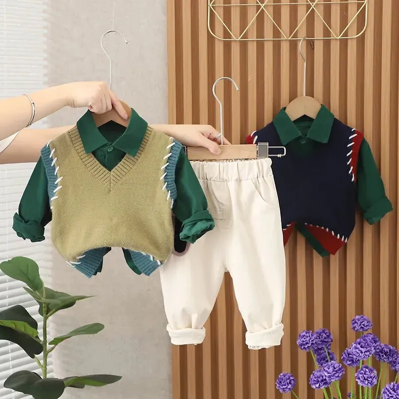 Gentleman Style Kids Sweater Vest Tracksuit Set with Striped T-shirt and Pants - Autumn Collection