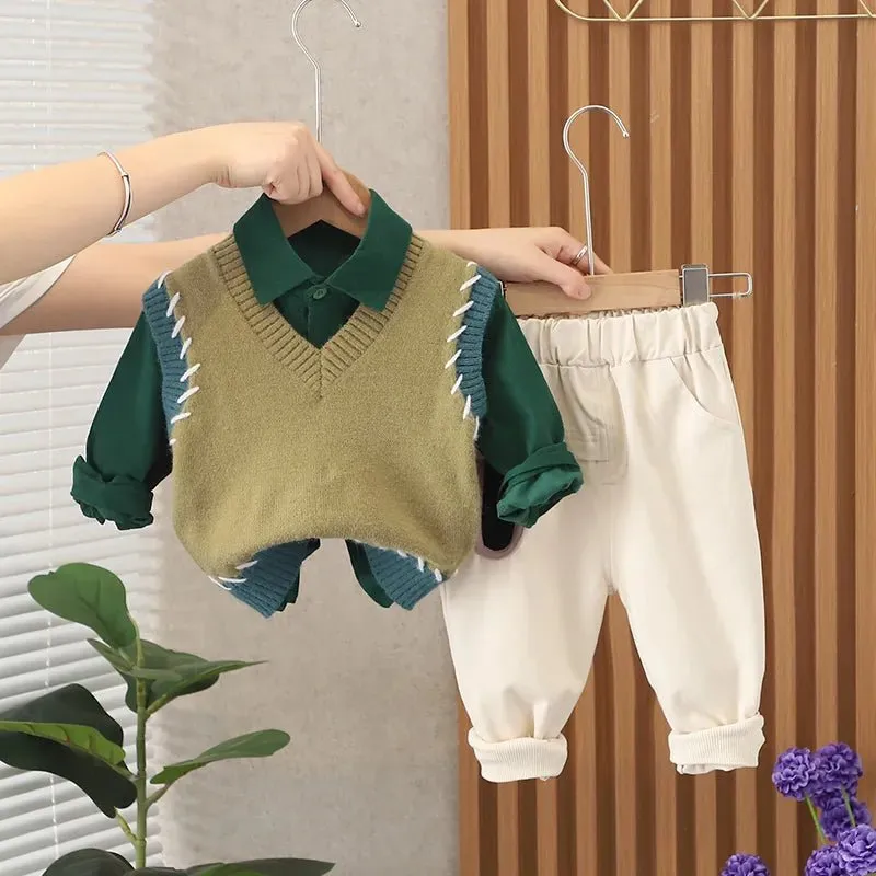 Gentleman Style Kids Sweater Vest Tracksuit Set with Striped T-shirt and Pants - Autumn Collection