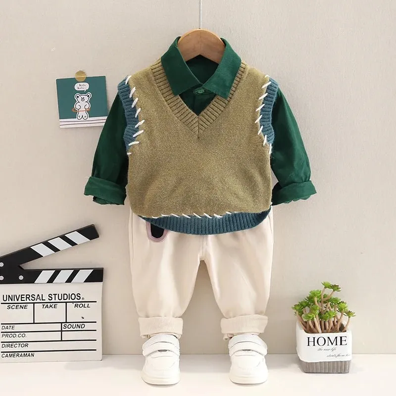 Gentleman Style Kids Sweater Vest Tracksuit Set with Striped T-shirt and Pants - Autumn Collection