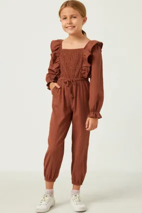 Girls Textured Smocked Bodice Ruffled Jumpsuit