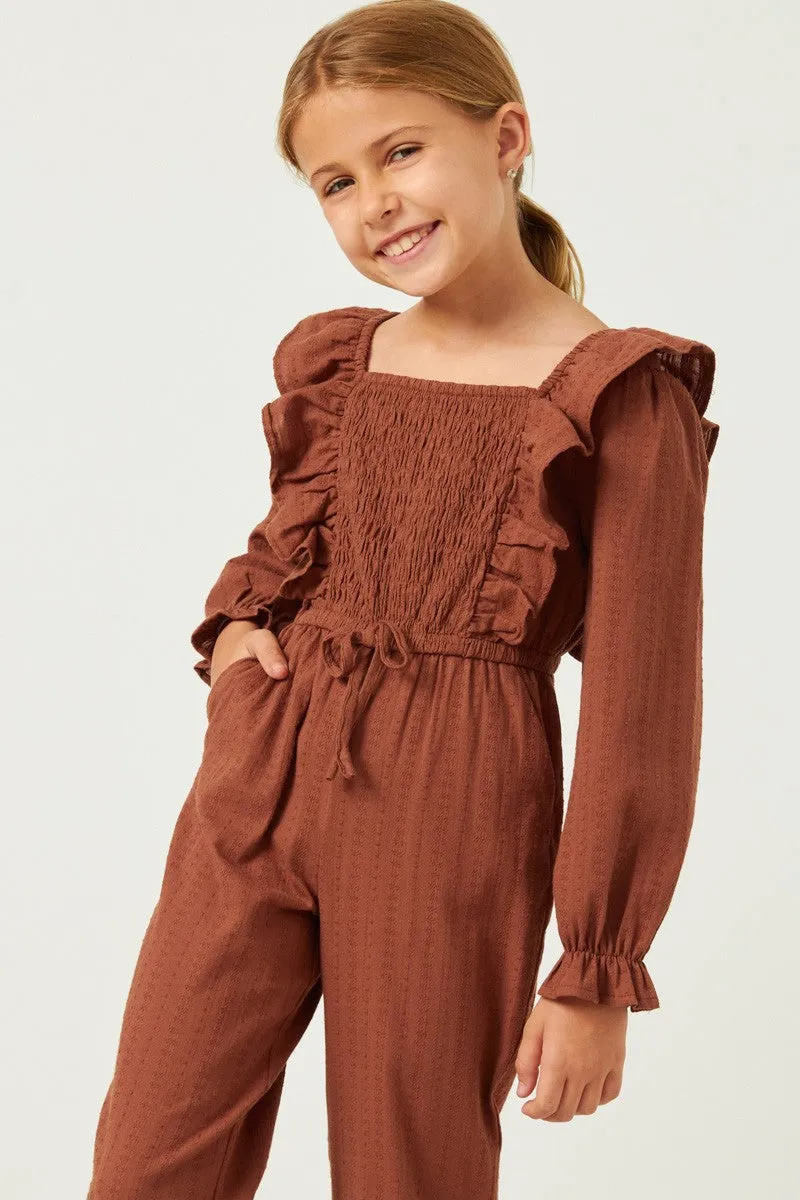 Girls Textured Smocked Bodice Ruffled Jumpsuit