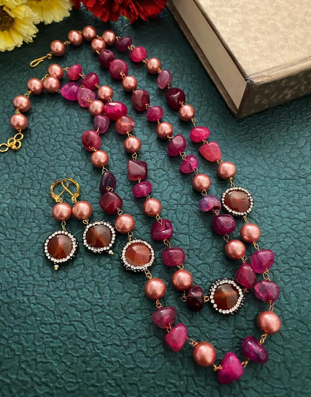 Handcrafted Semi Precious Pink Onyx Beaded Necklace Set By Gehna Shop