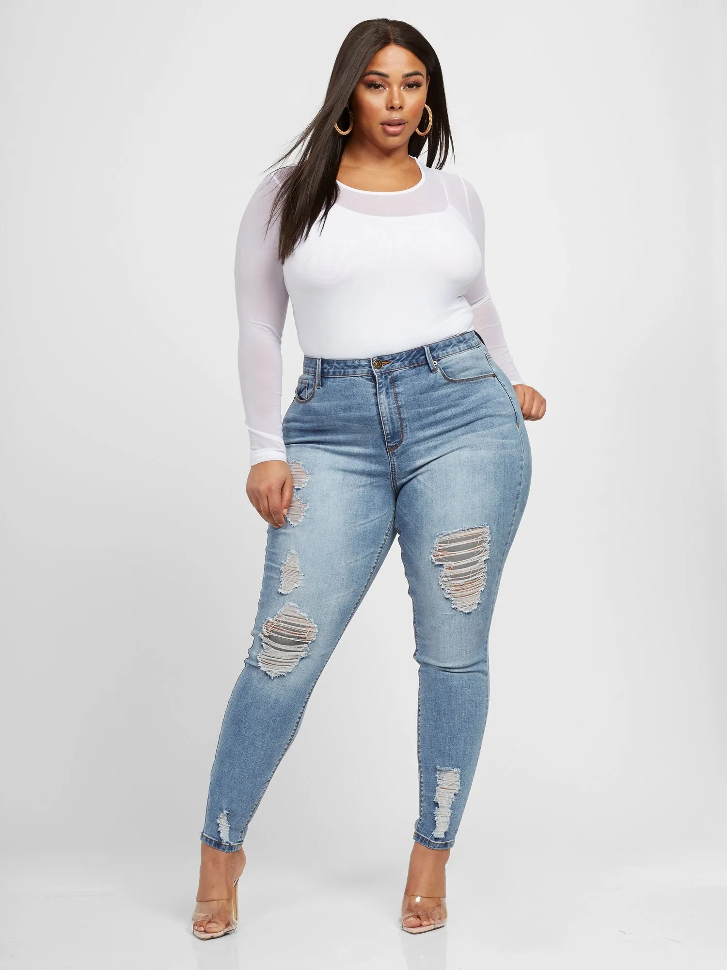 High Rise Destructed Skinny Jeans in Light Indigo