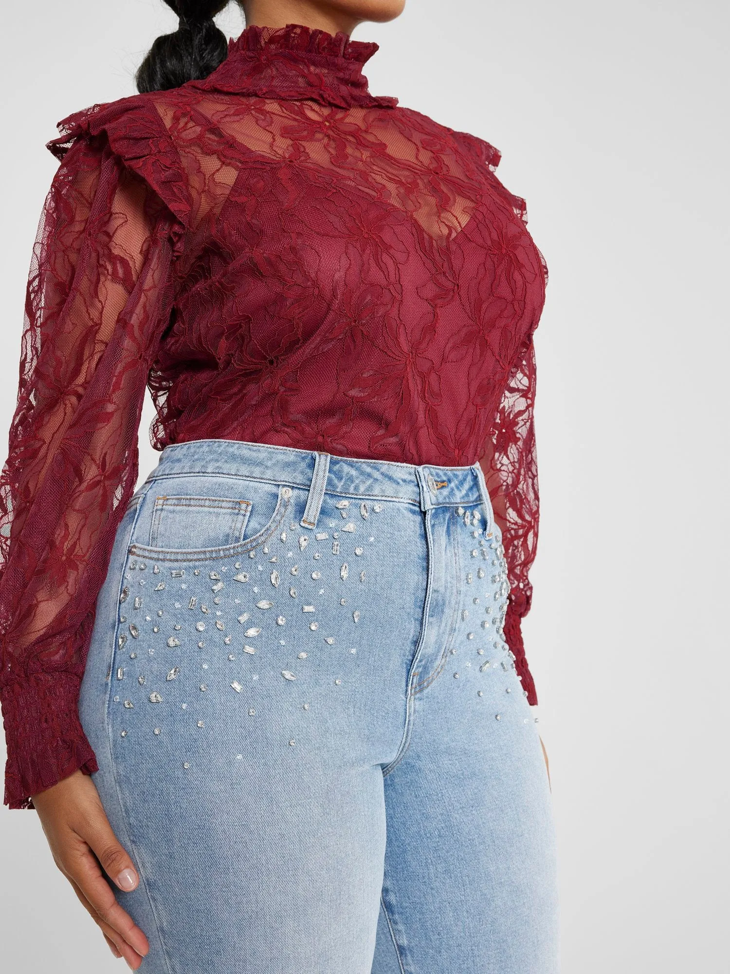 High Rise Rhinestone Detail Straight Leg Jeans