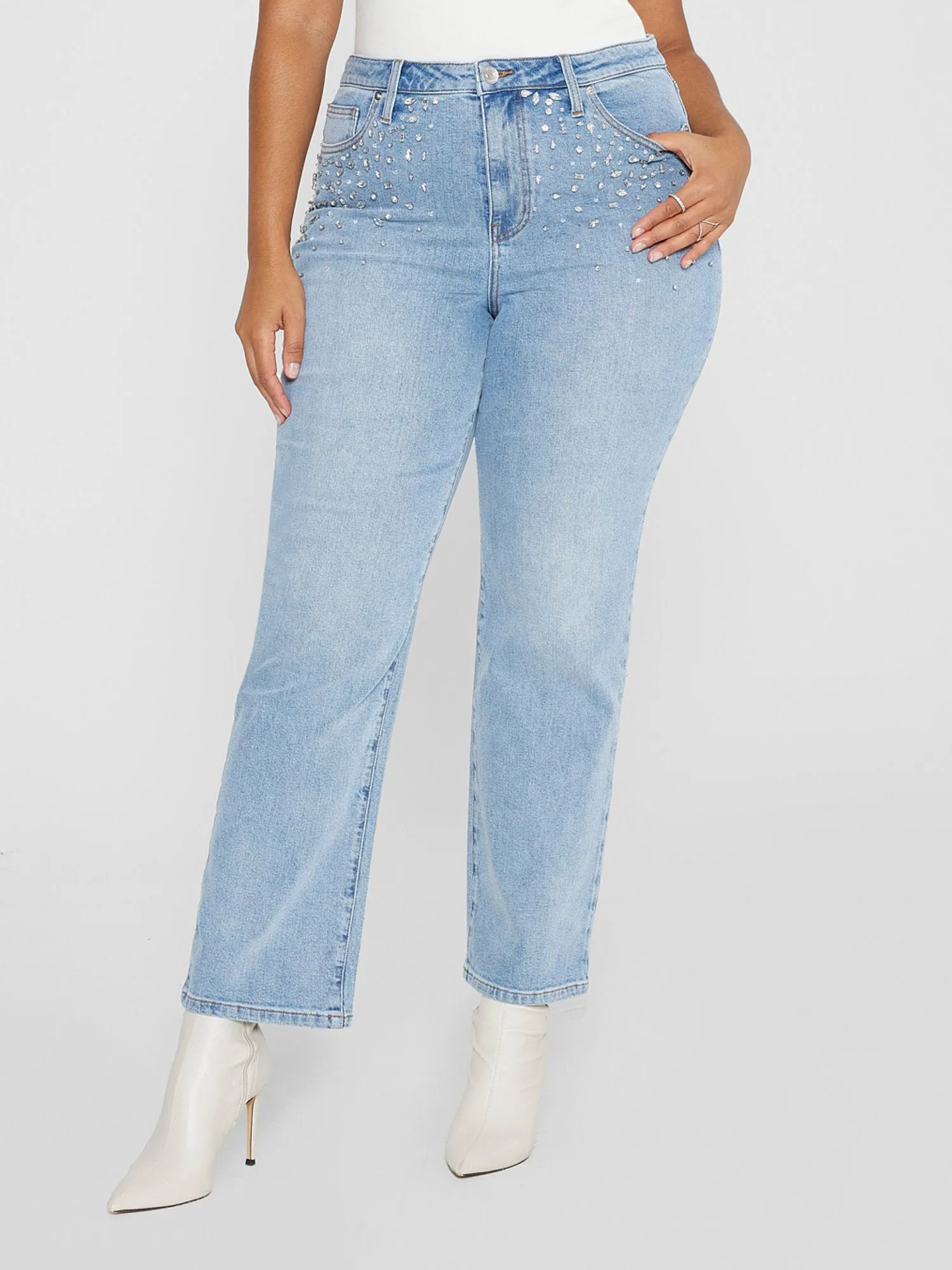 High Rise Rhinestone Detail Straight Leg Jeans