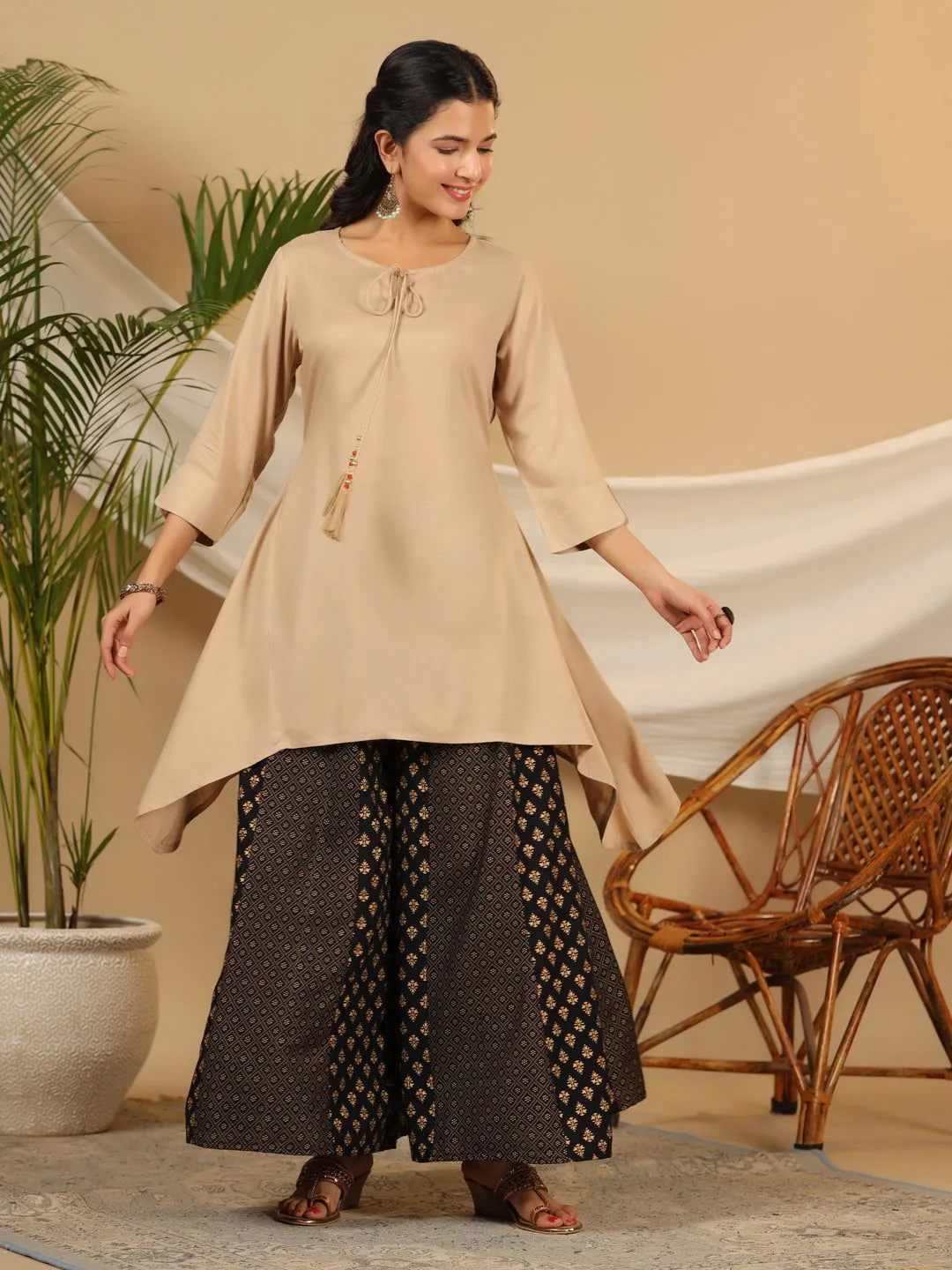 Juniper  Beige Solid Printed Rayon Slub Kurta With Palazzo set