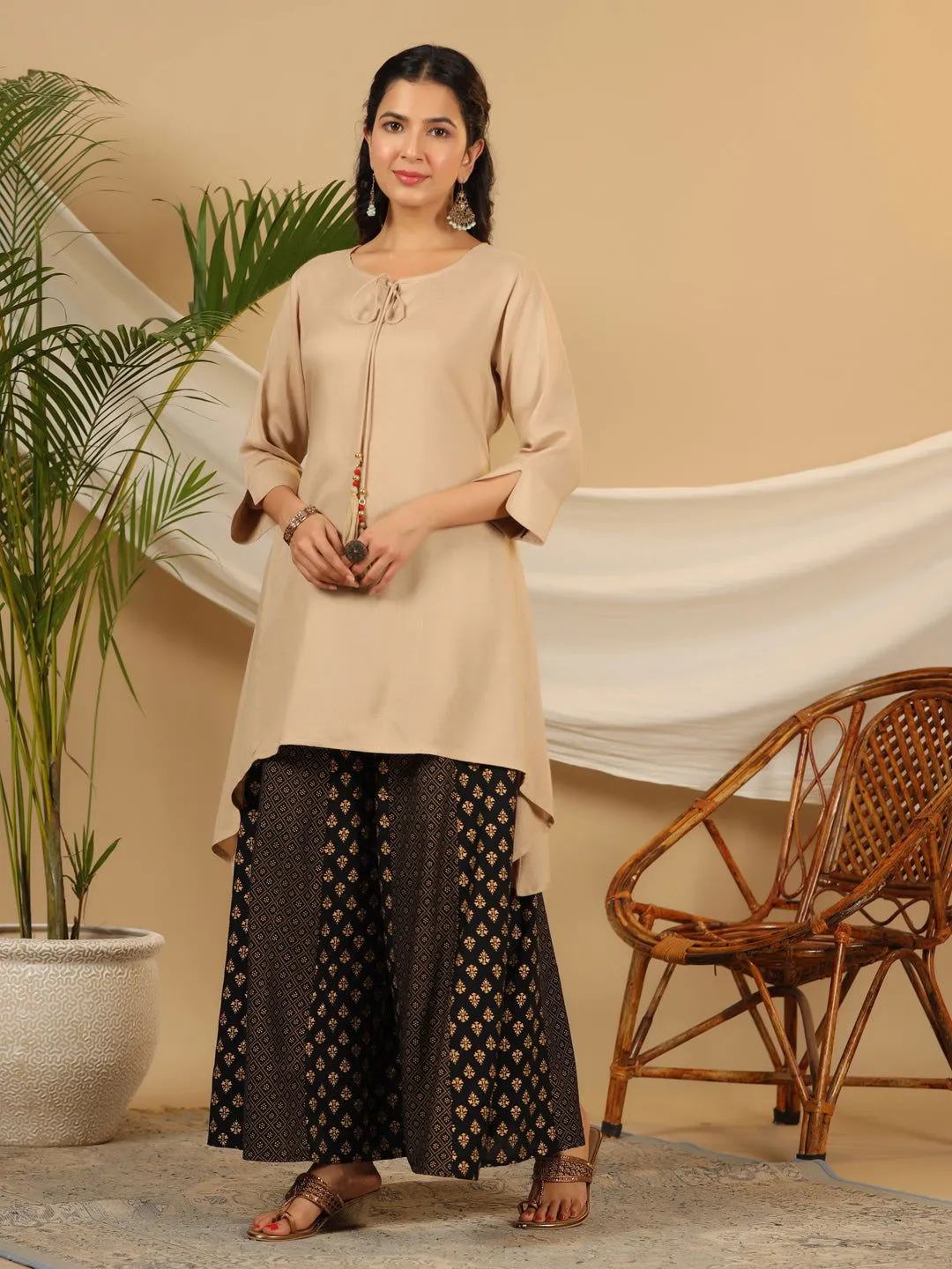 Juniper  Beige Solid Printed Rayon Slub Kurta With Palazzo set