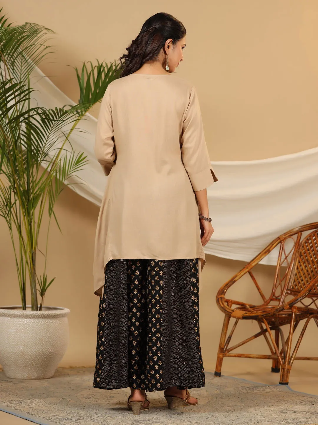 Juniper  Beige Solid Printed Rayon Slub Kurta With Palazzo set