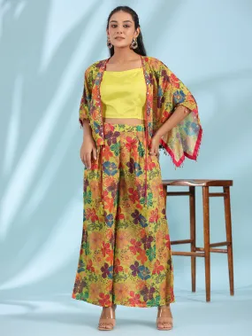 Juniper Green Floral Printed Layered Chinnon Top With Pants Co-Ord Set With Beads & Sequins Work (3-Pcs)