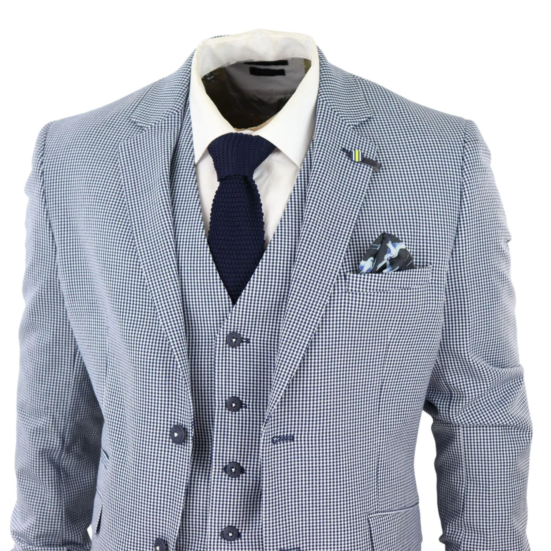 Mens 3 Piece Suit Grey Navy Contrasting Classic Summer Tailored Fit Regular Check