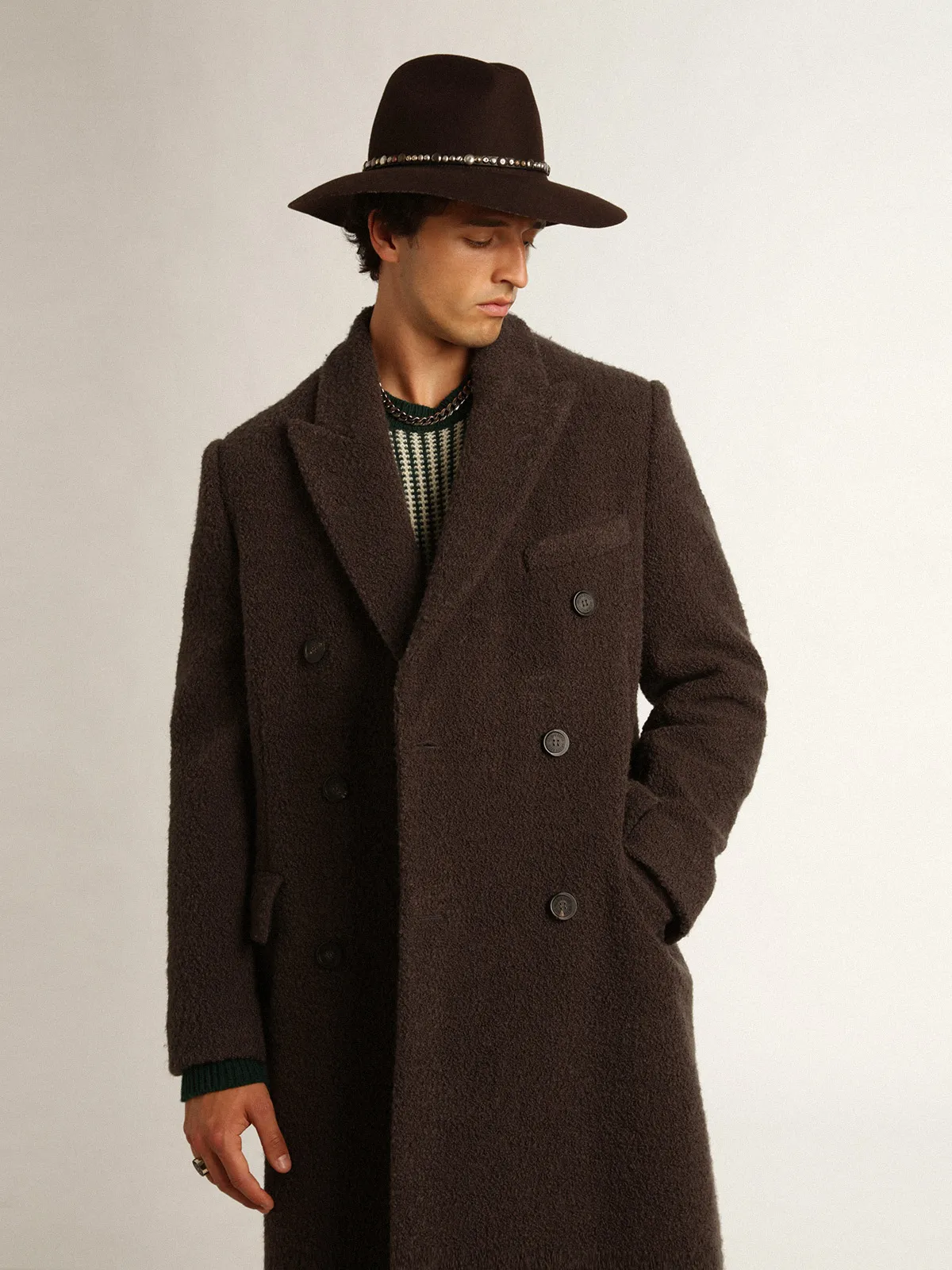 Men's double-breasted coat in licorice-colored bouclé wool