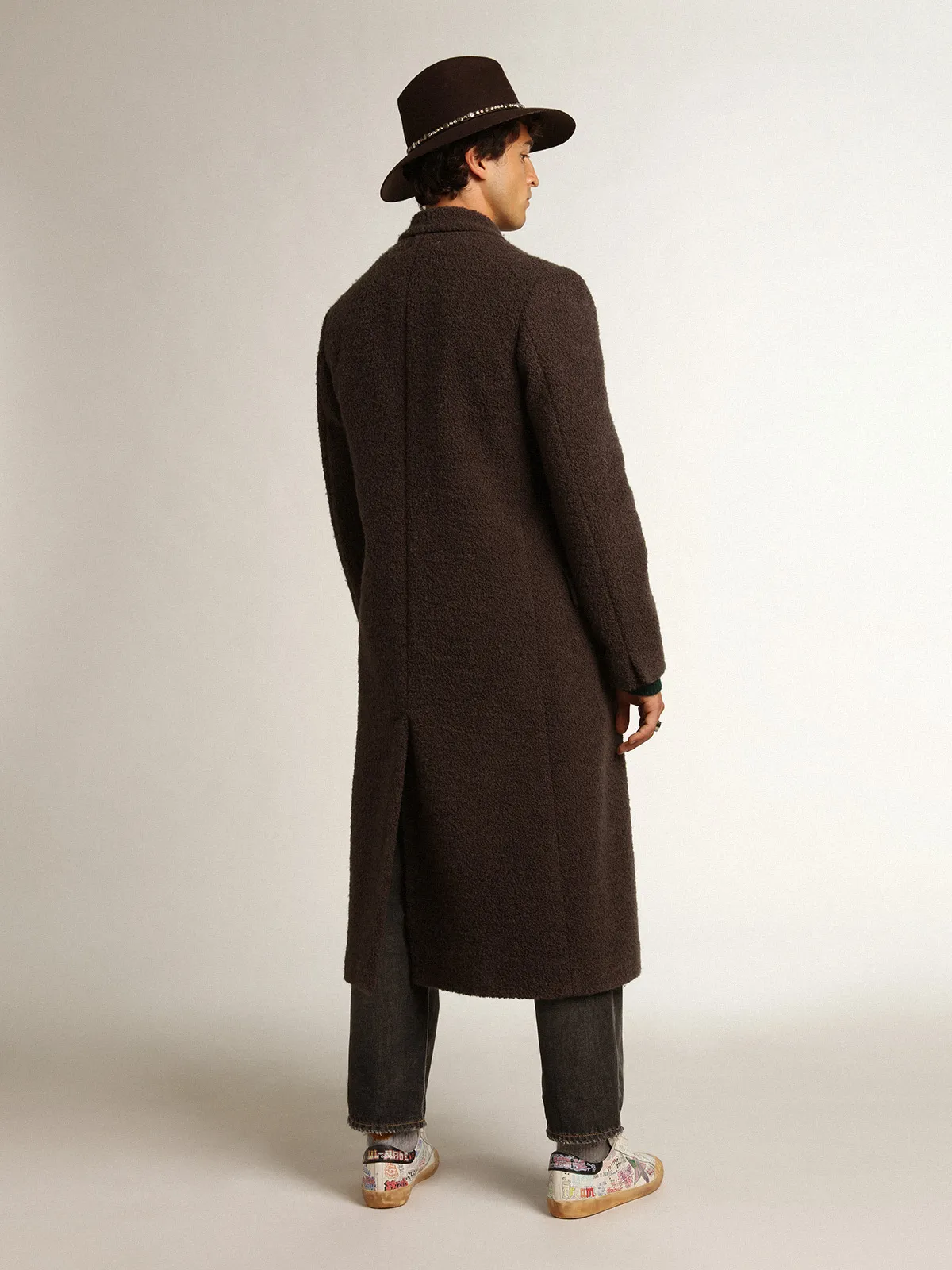 Men's double-breasted coat in licorice-colored bouclé wool