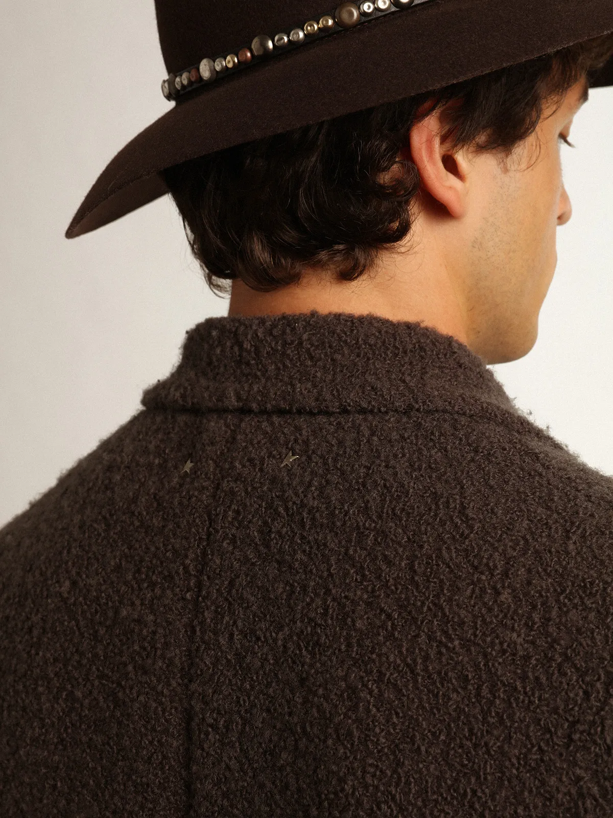 Men's double-breasted coat in licorice-colored bouclé wool