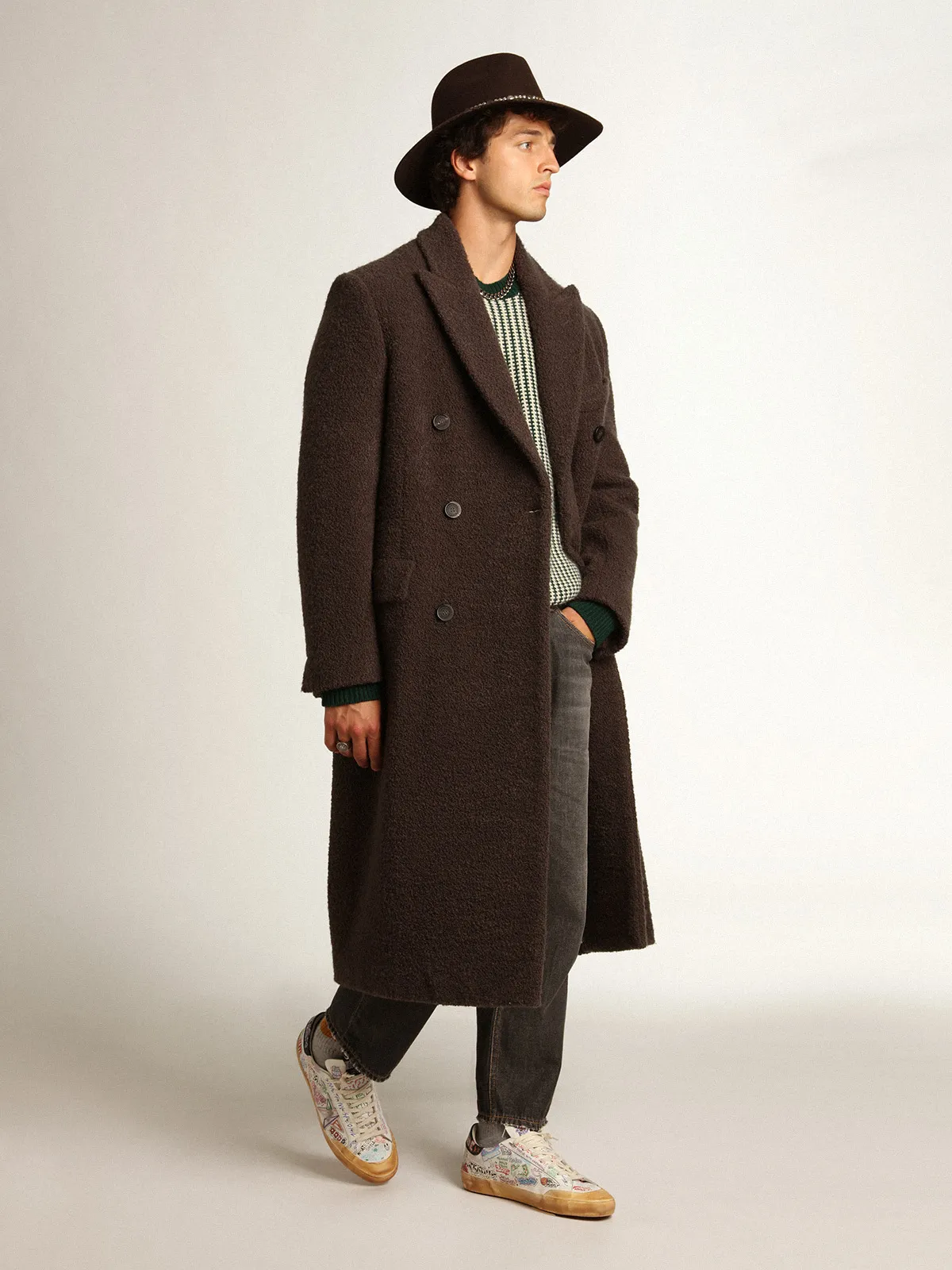 Men's double-breasted coat in licorice-colored bouclé wool