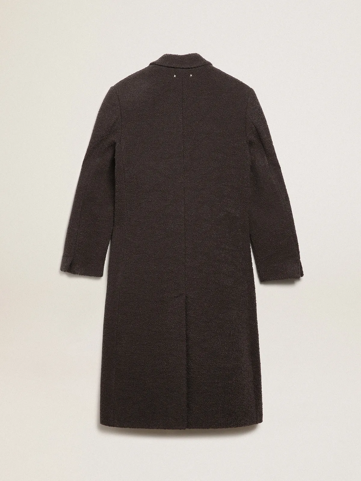 Men's double-breasted coat in licorice-colored bouclé wool