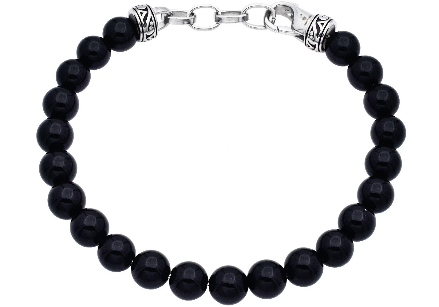 Mens Genuine 8mm Onyx Stainless Steel Beaded Bracelet