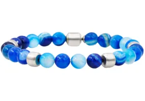 Mens Genuine Blue Agate Stainless Steel Beaded Bracelet