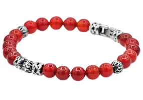 Mens Genuine Jasper Stainless Steel Beaded Bracelet