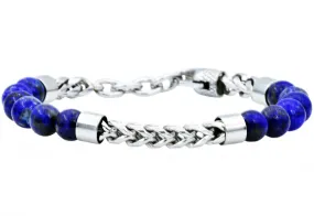 Mens Genuine Lapis Lazuli Stainless Steel Beaded And Franco Link Chain Bracelet With Adjustable Clasp