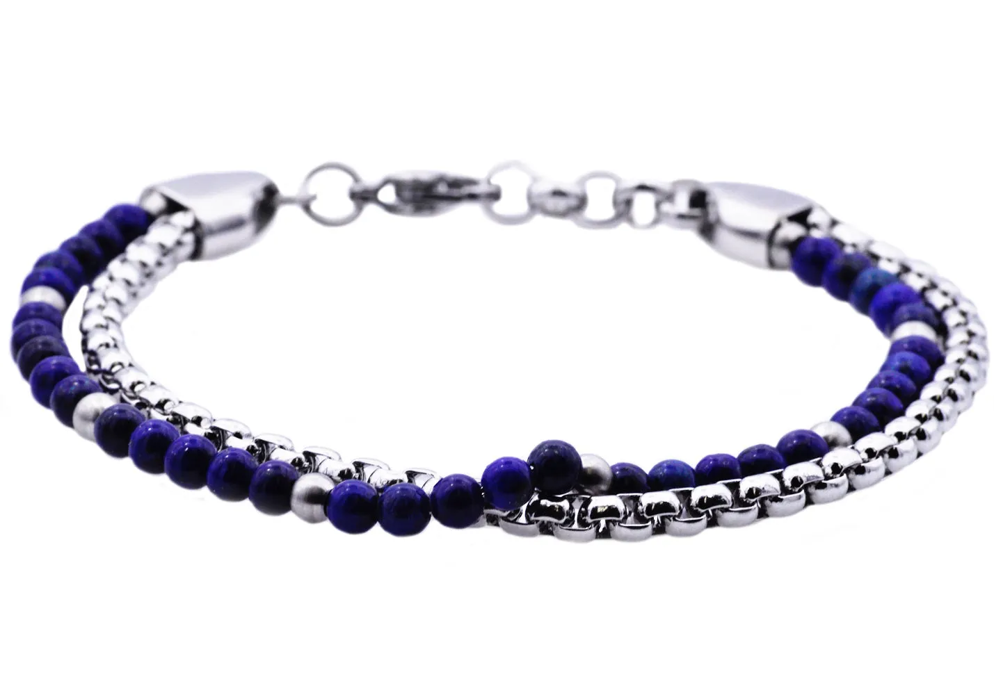 Mens Genuine Lapis Lazuli Stainless Steel Beaded Bracelet