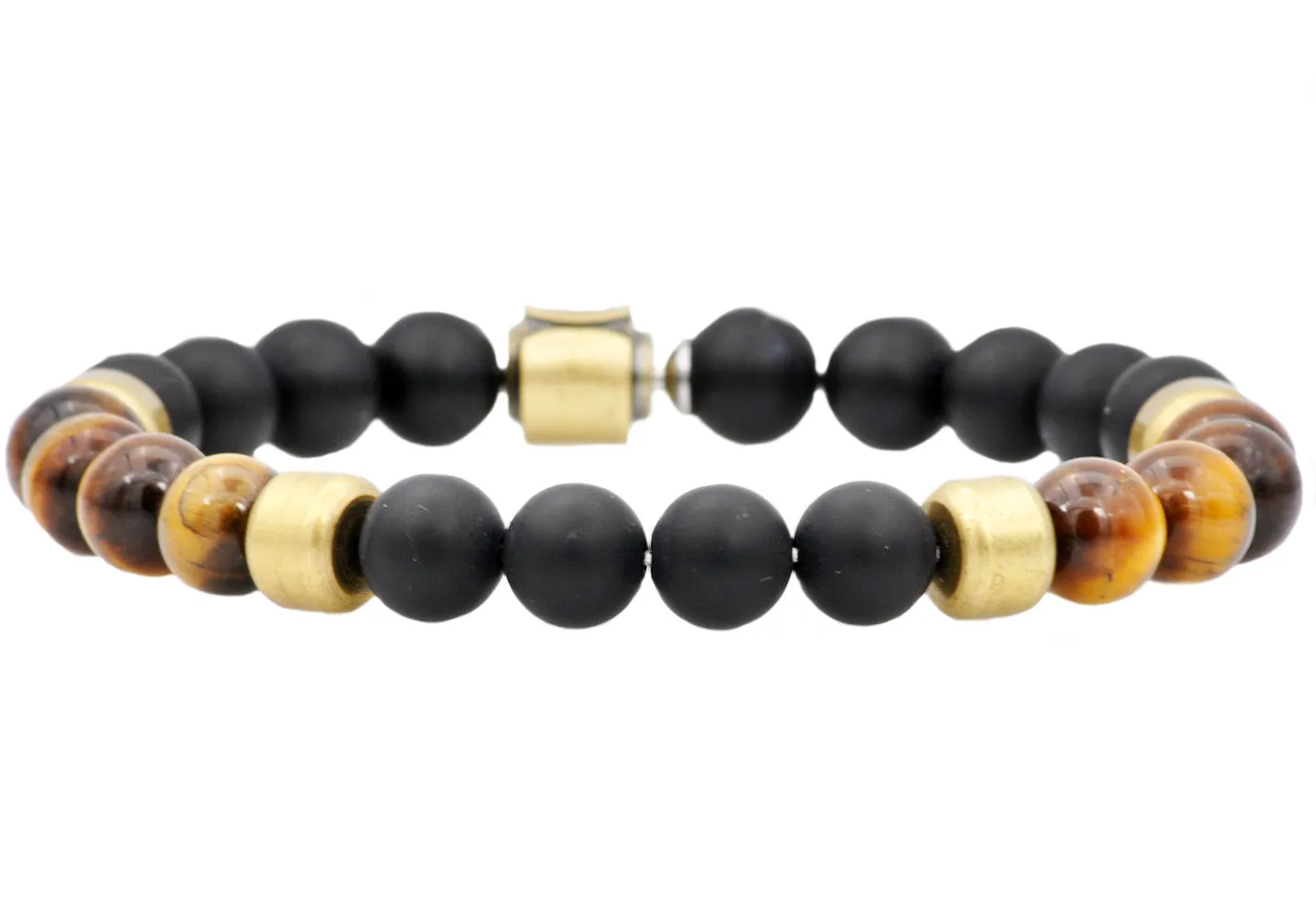 Mens Genuine Onyx And Tiger Eye Gold Stainless Steel Beaded Bracelet