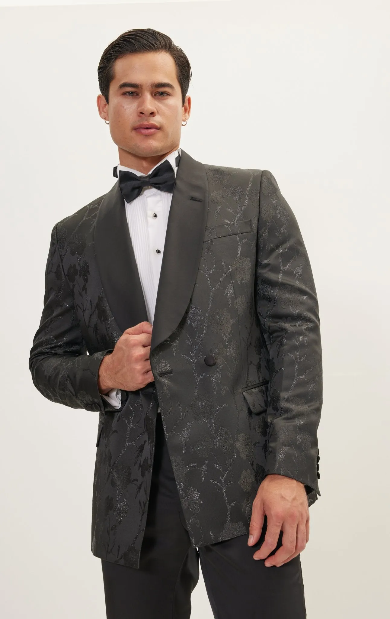 Metallic Floral Double Breasted Tuxedo Jacket - Black