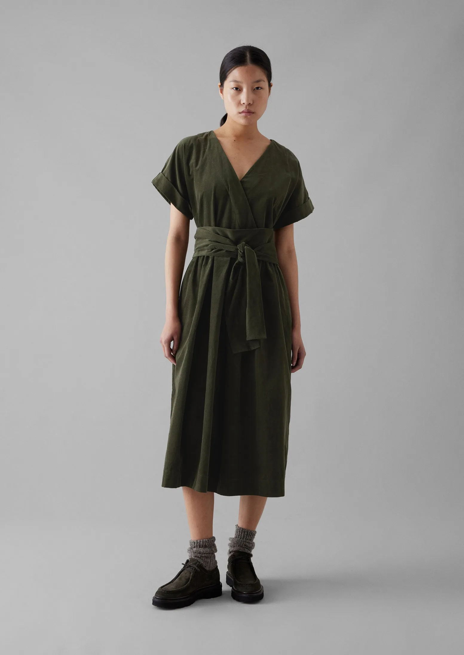 Organic Needlecord Wrap Front Dress | Seaweed