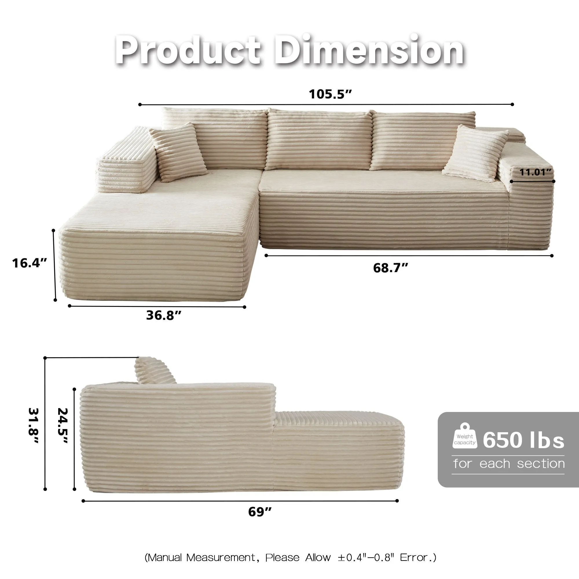 Ovios 104" L-Shape Modular Couch with Chaise, Plush Corduroy Fabric, No Assembly Required