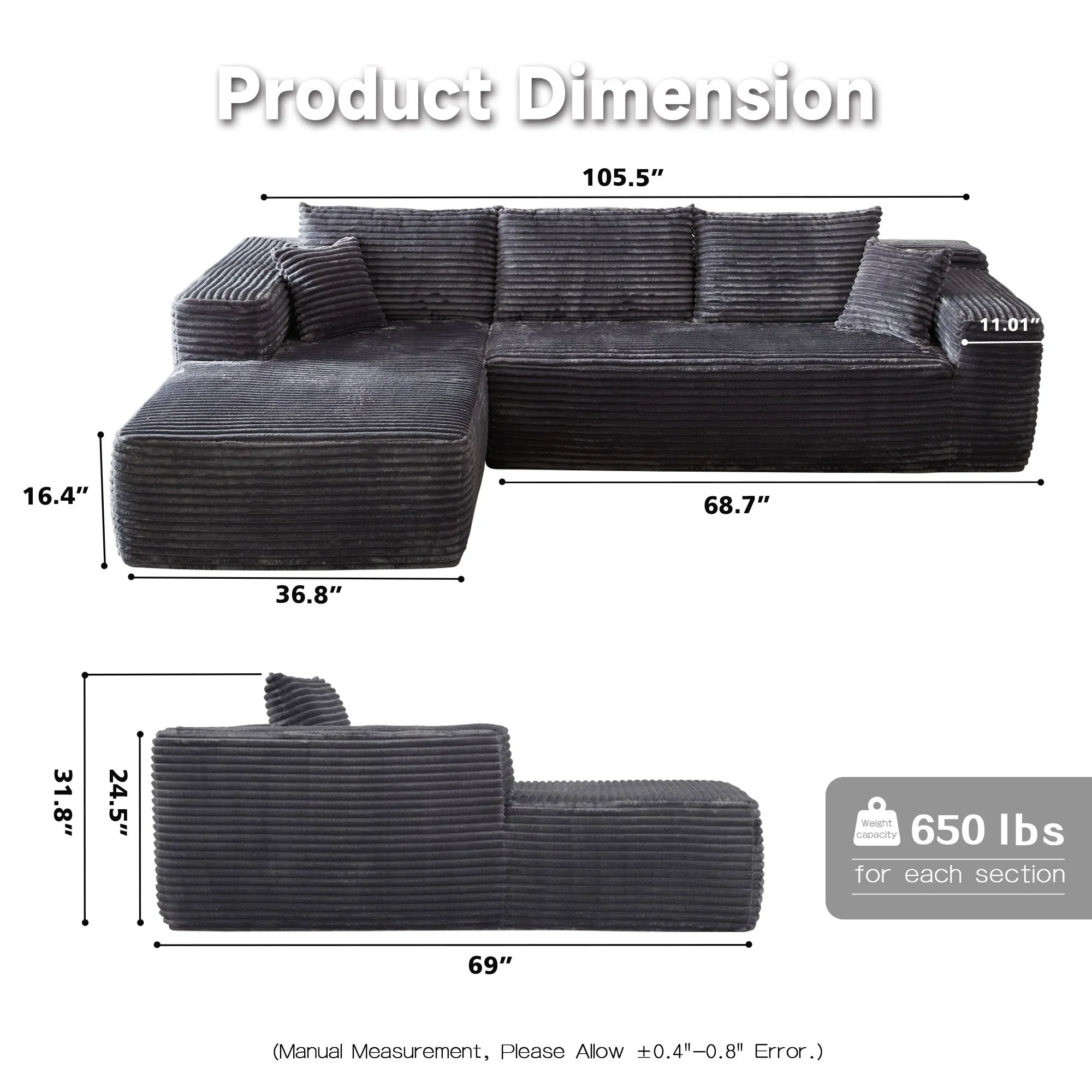 Ovios 104" L-Shape Modular Couch with Chaise, Plush Corduroy Fabric, No Assembly Required