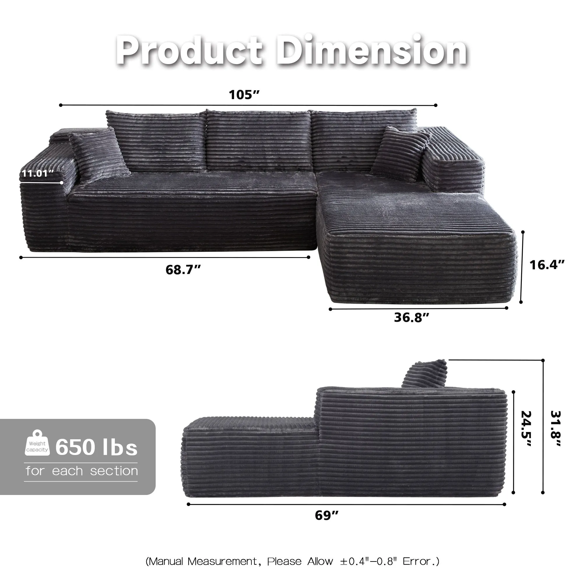 Ovios 104" L-Shape Modular Couch with Chaise, Plush Corduroy Fabric, No Assembly Required