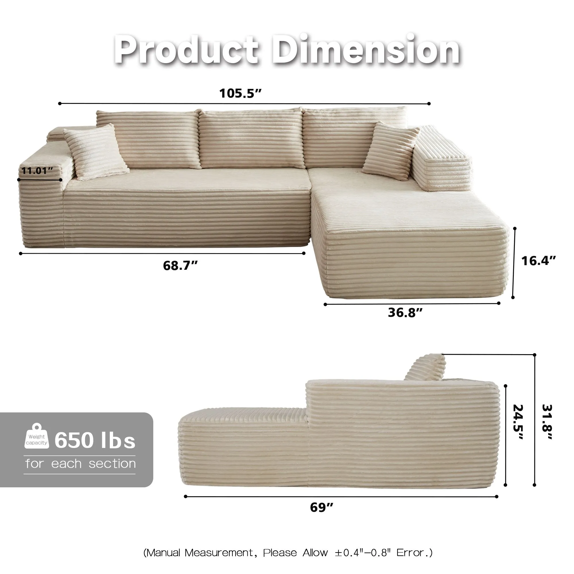 Ovios 104" L-Shape Modular Couch with Chaise, Plush Corduroy Fabric, No Assembly Required