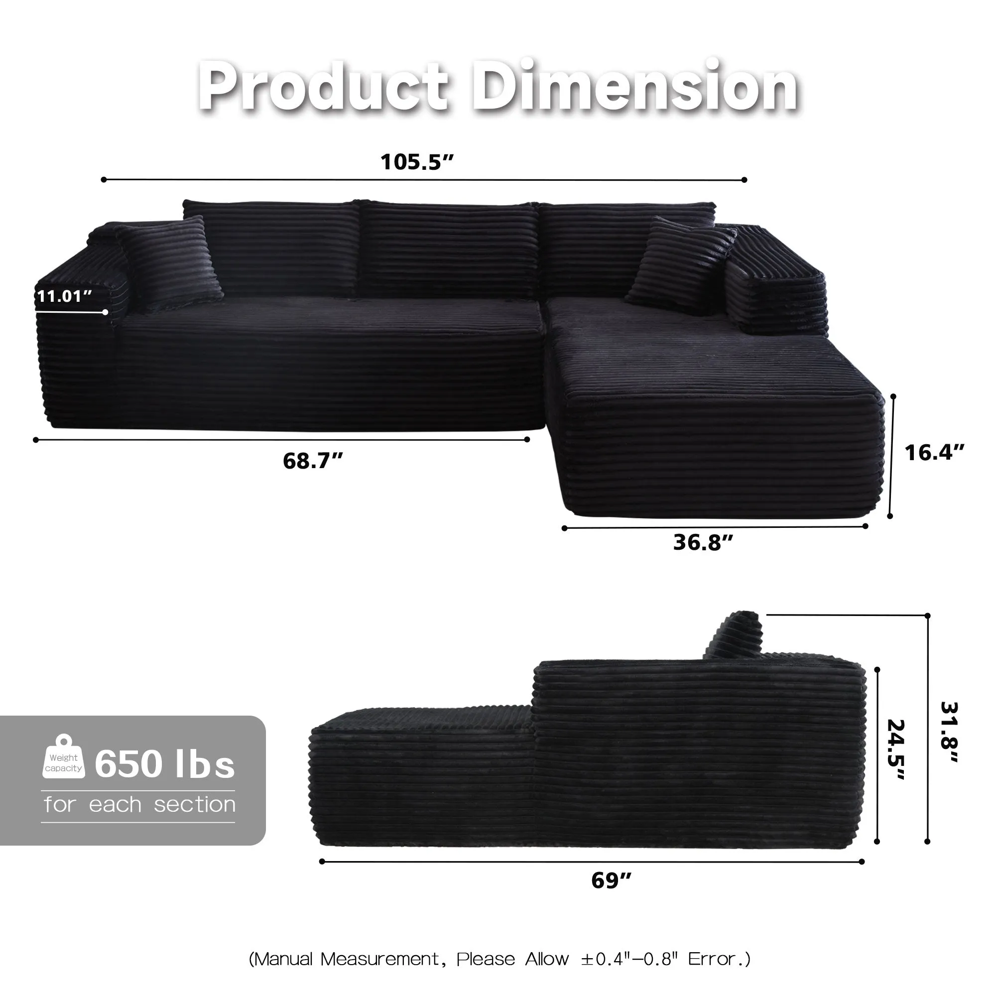 Ovios 104" L-Shape Modular Couch with Chaise, Plush Corduroy Fabric, No Assembly Required