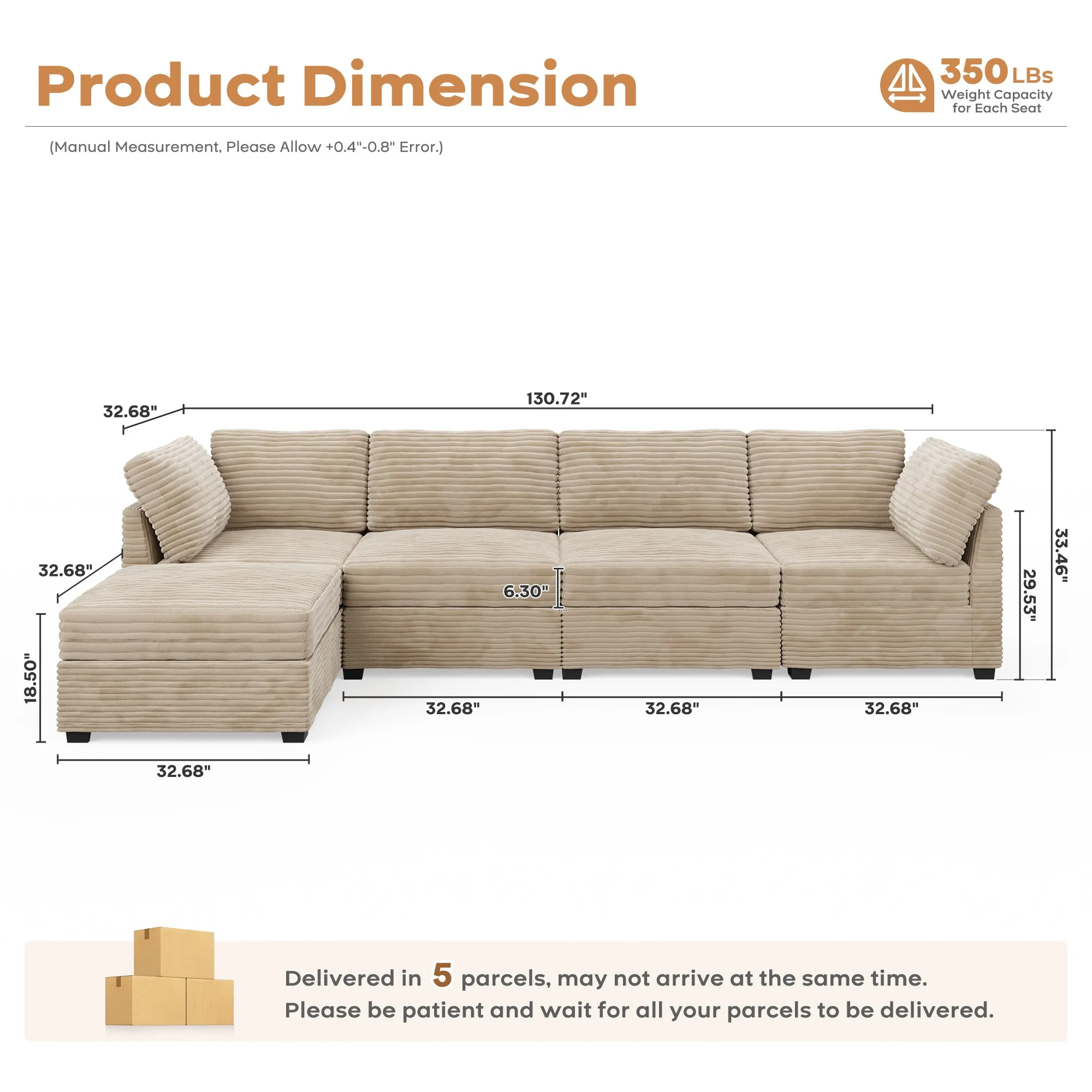 Ovios Living Room Modular Couch 5-Pieces Set, 1 Wale Plush Corduroy Fabric