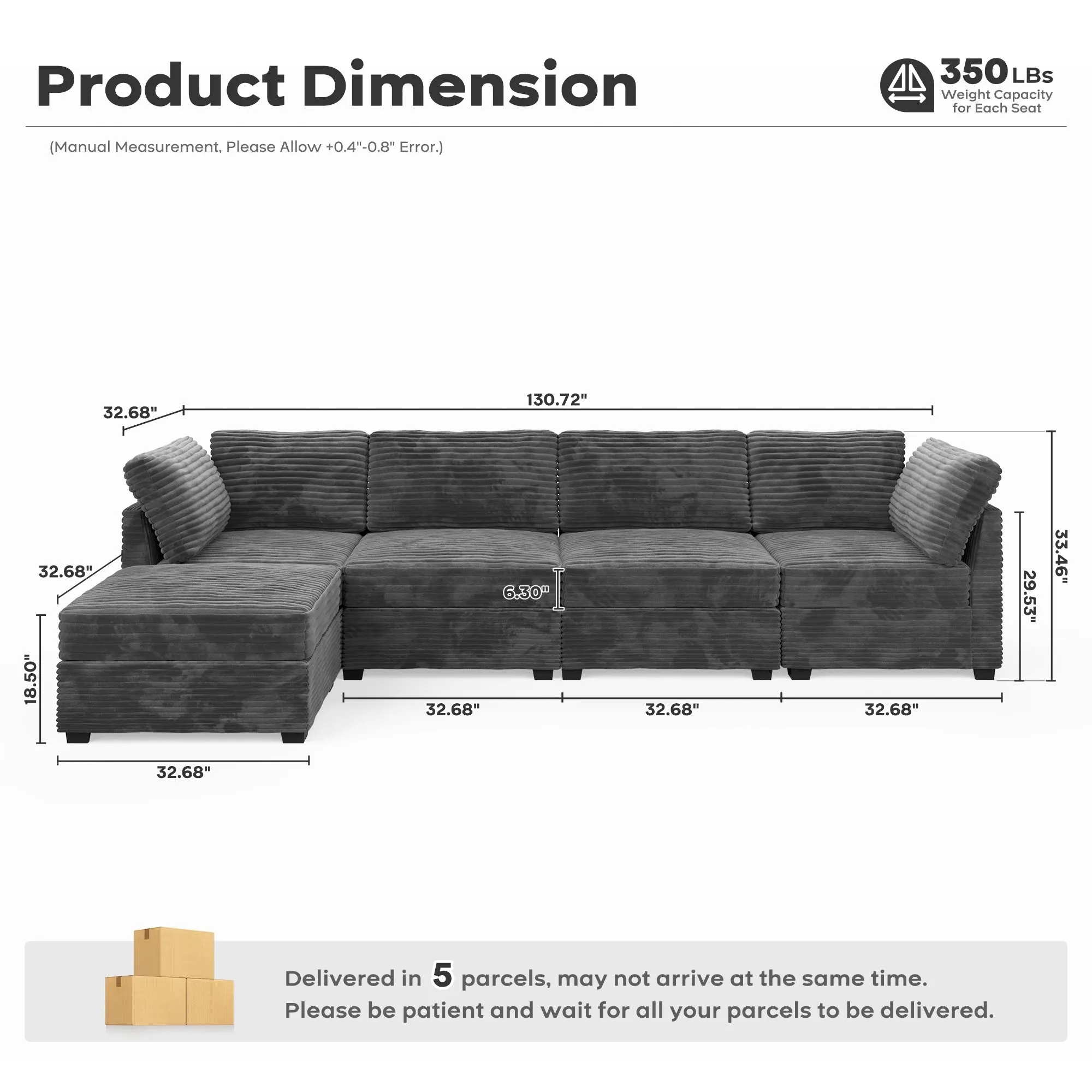 Ovios Living Room Modular Couch 5-Pieces Set, 1 Wale Plush Corduroy Fabric