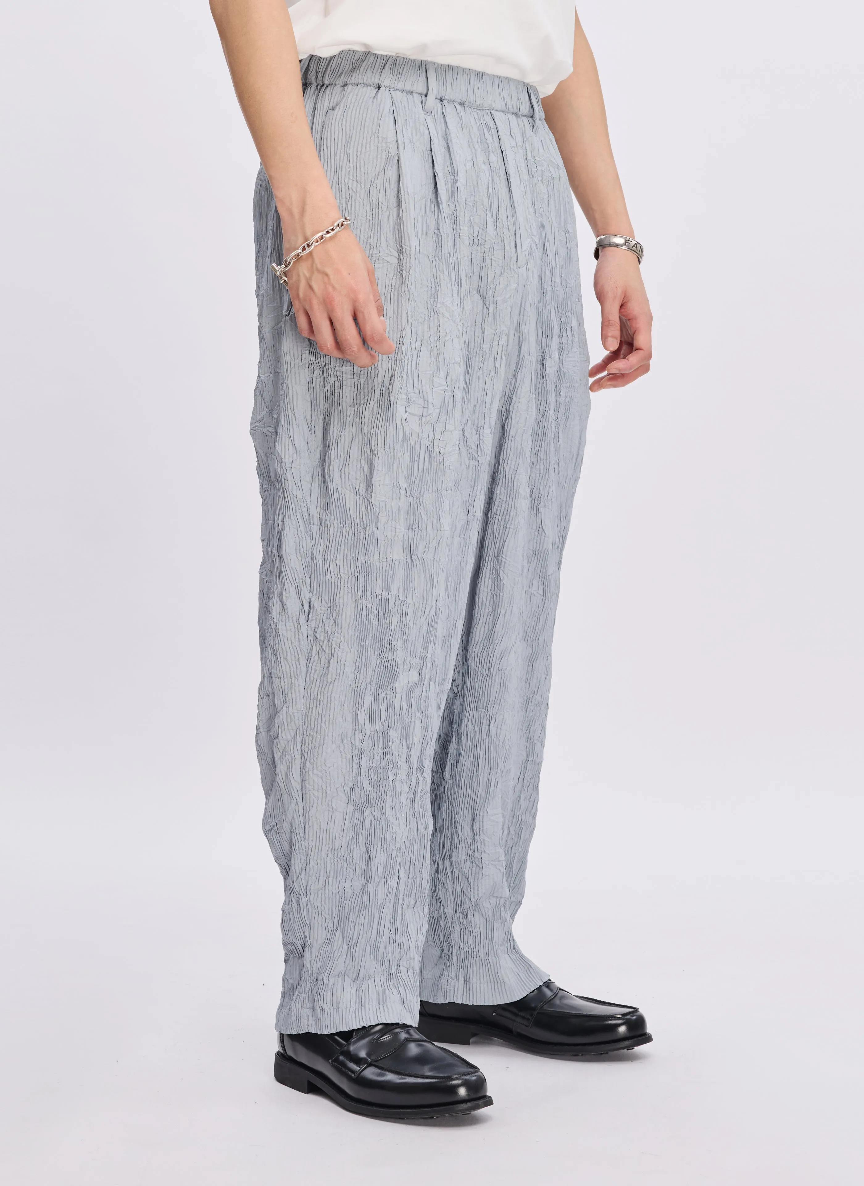 Polyester Distort Pleated Wide Tapered Pants (P-12)